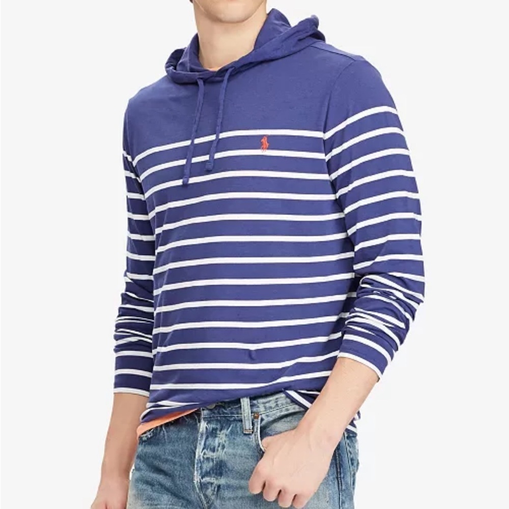 Polo Ralph Lauren Men's XXL Navy Blue & White Striped Hooded Lightweight Jersey